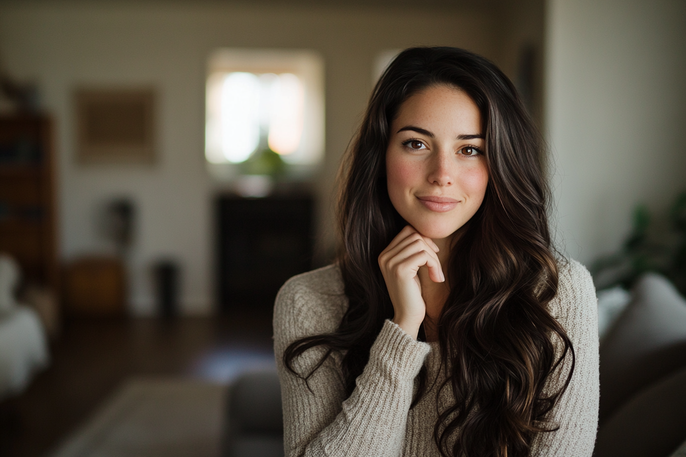 Femme d'une trentaine d'années se touchant le menton et souriant dans un salon | Source : Midjourney