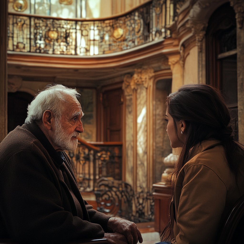 Un homme âgé et une jeune femme en pleine conversation | Source : Midjourney