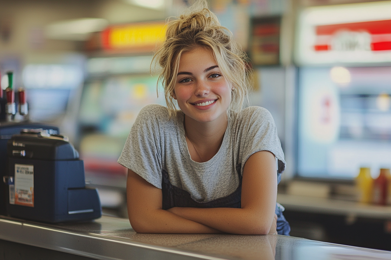 Une caissière de station-service souriant | Source : Midjourney