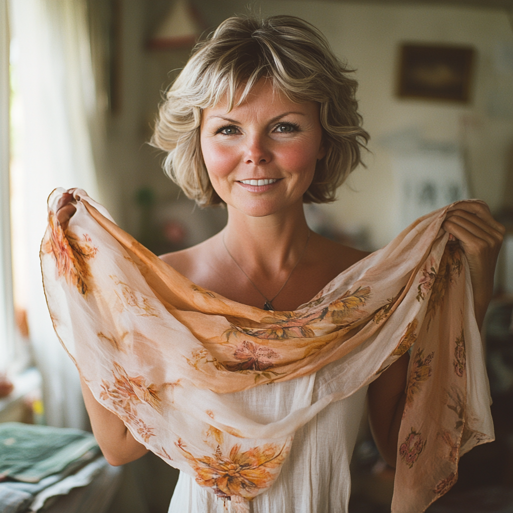 Une femme tenant un foulard | Source : Midjourney