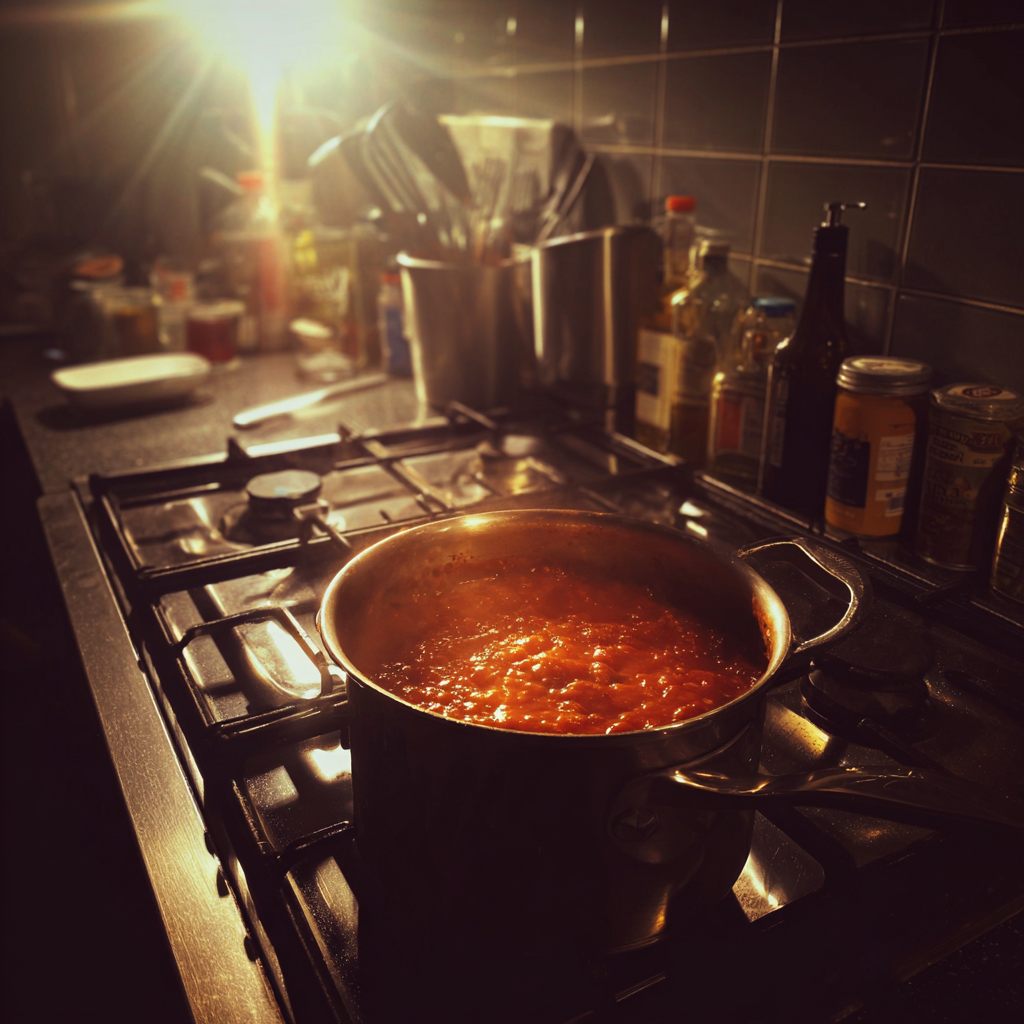Une casserole de sauce pour pâtes sur un réchaud | Source : Midjourney