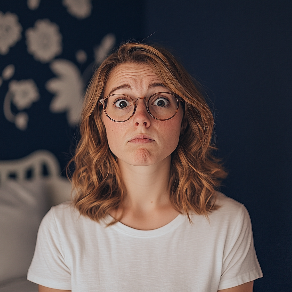 Une femme alarmée se tenant dans une chambre à coucher | Source : Midjourney