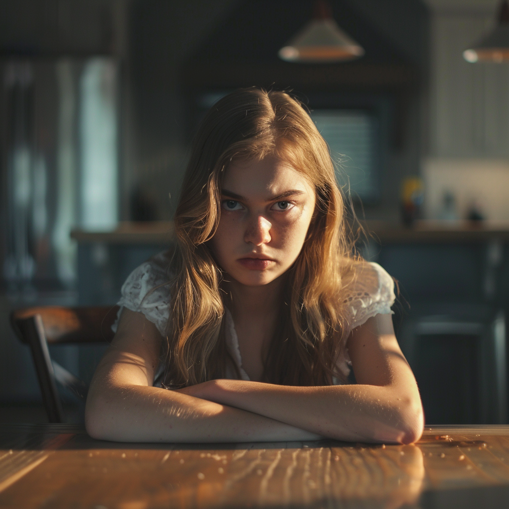 Une fille bouleversée assise à une table | Source : Midjourney