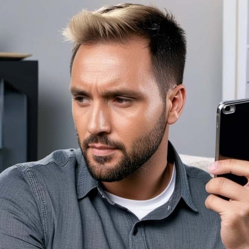 Un homme brandissant un téléphone portable dans un salon | Source : Midjourney