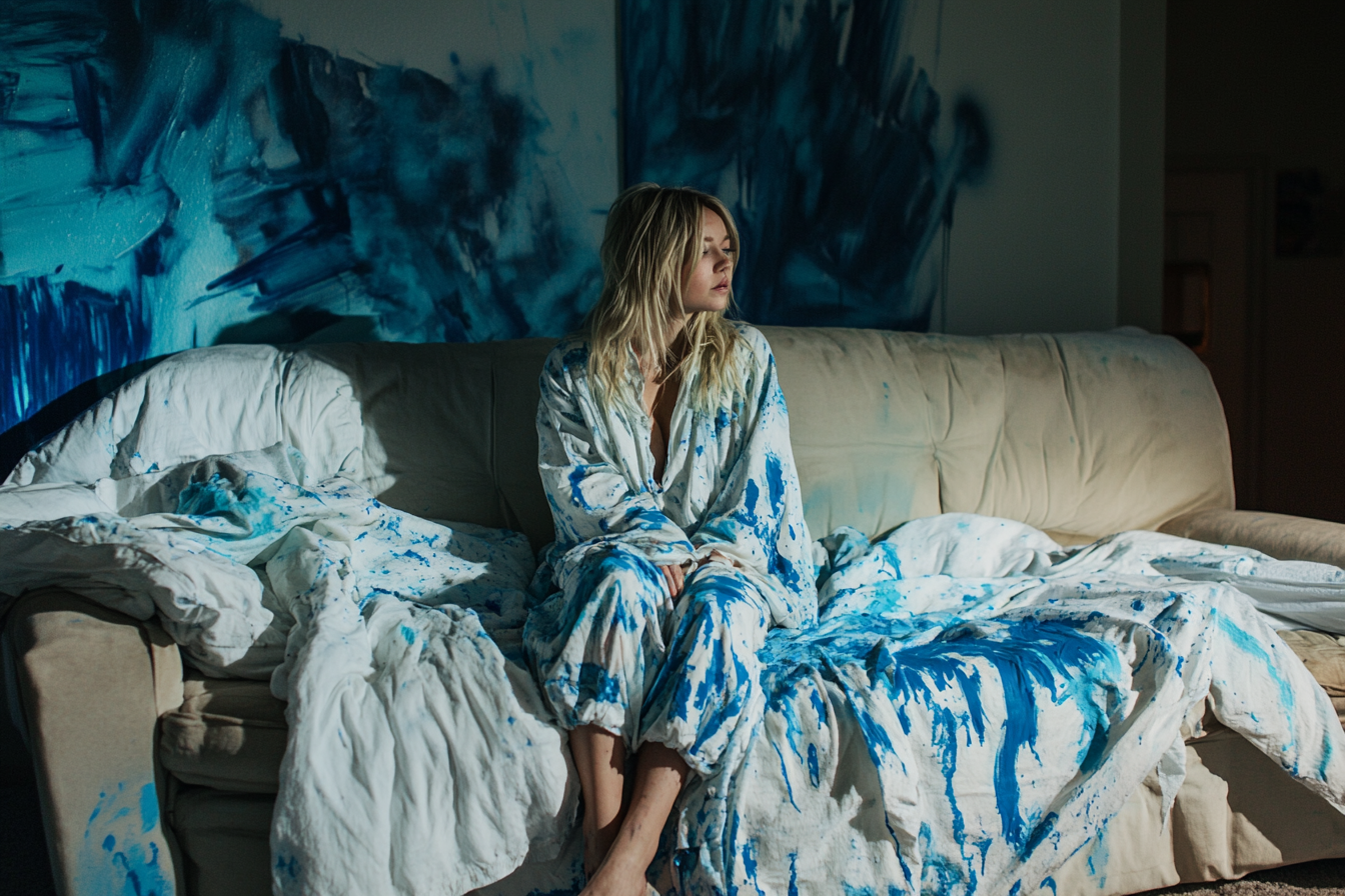 Une femme en pyjama avec une couette recouverte de peinture bleue | Source : Midjourney