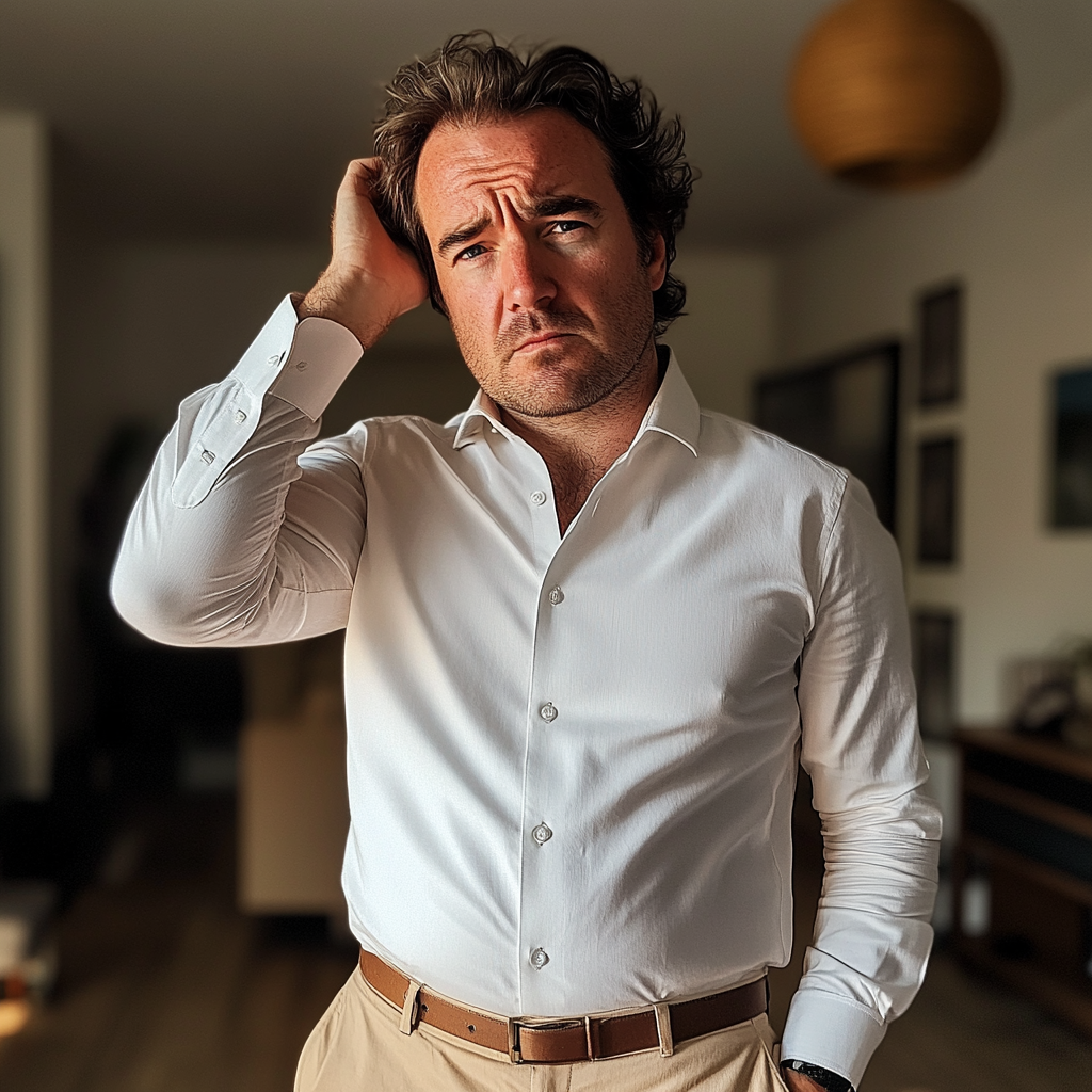 Un homme mal à l'aise debout dans un salon | Source : Midjourney