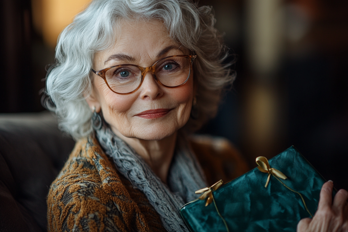 Femme âgée tenant un cadeau d'anniversaire | Source : Midjourney
