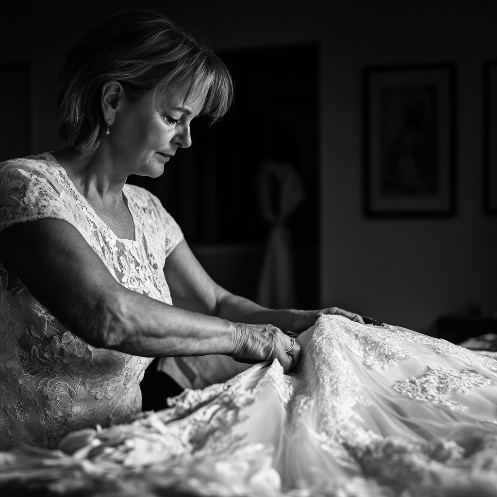 Une femme d'âge moyen découpe une robe de mariée | Source : Midjourney