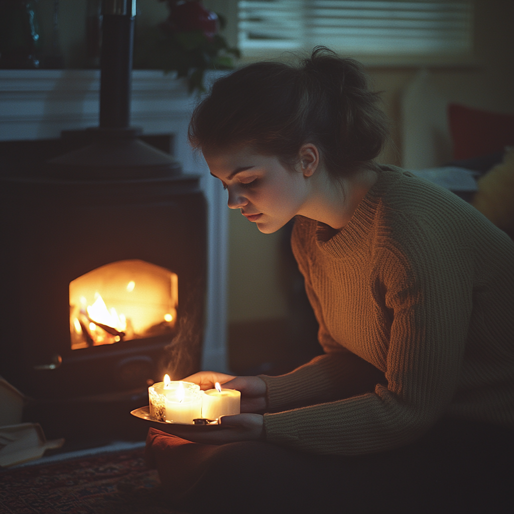 Une femme qui allume des bougies dans sa maison | Source : Midjourney