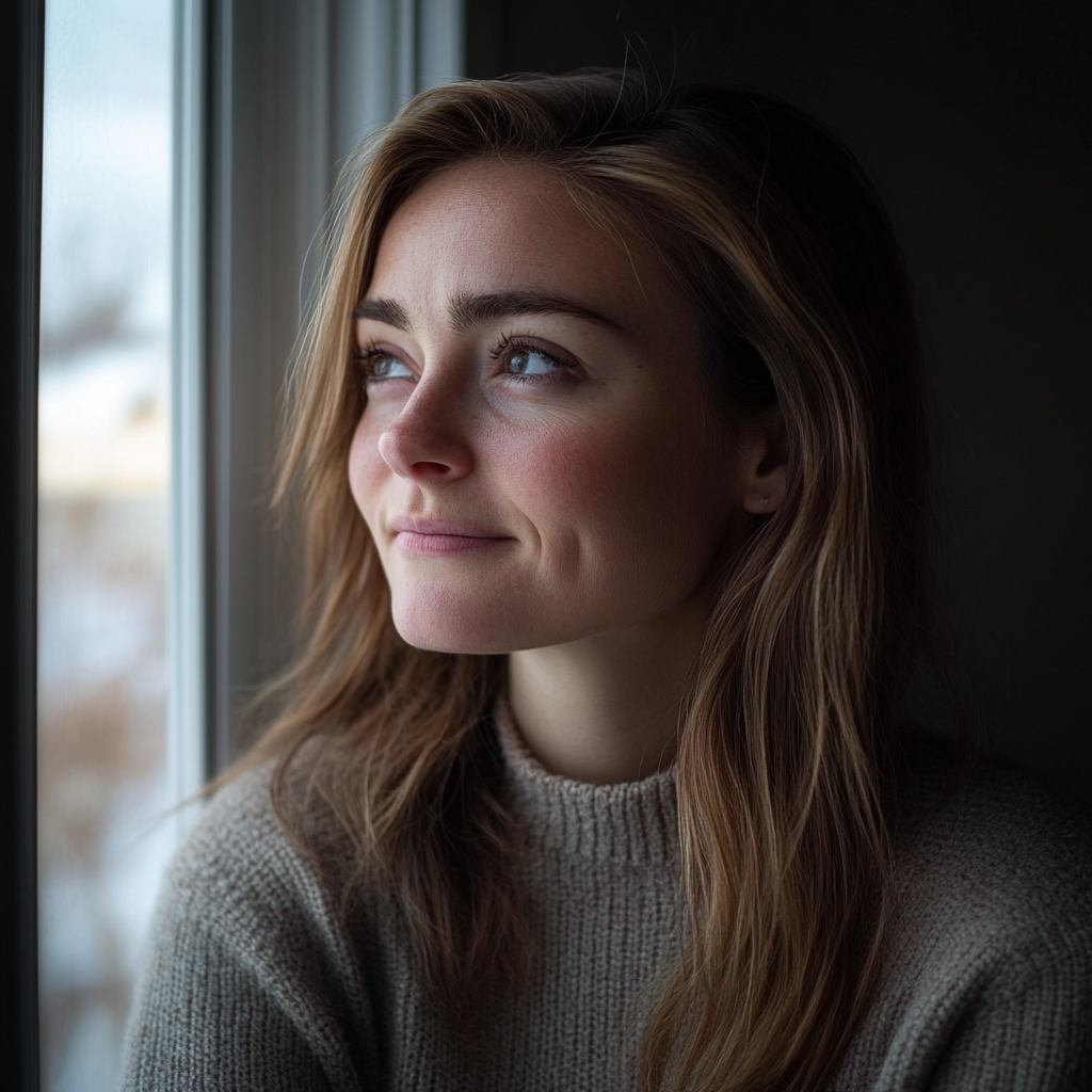 Une femme pensive qui regarde par la fenêtre de sa chambre | Source : Midjourney