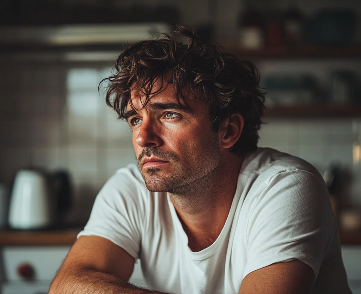 Un homme assis à un comptoir de cuisine | Source : Midjourney