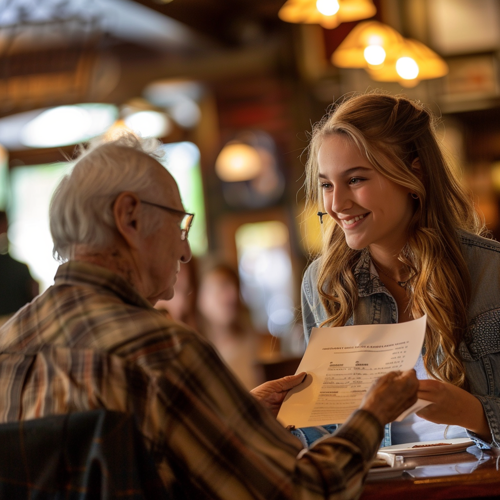 La fille qui tend la facture à son grand-père | Source : Midjourney