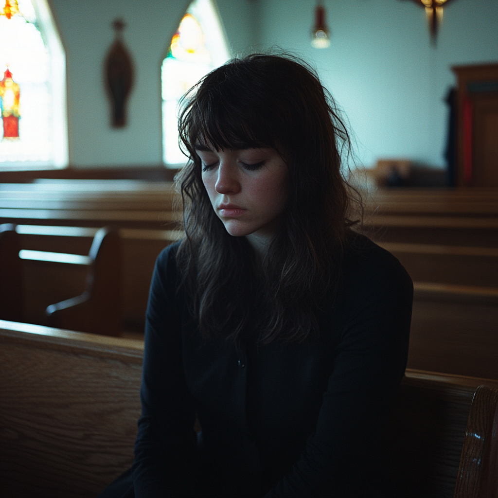 A sad woman in a church | Source: Midjourney