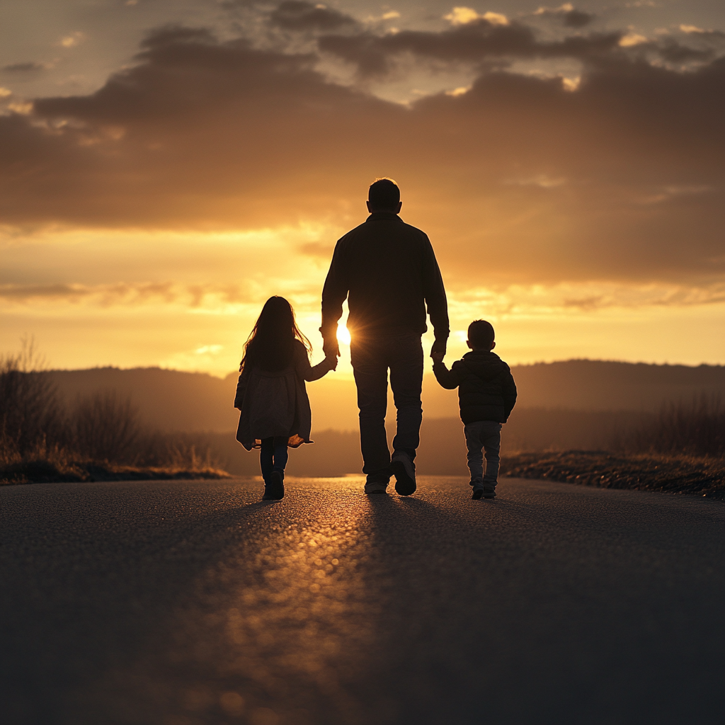 Silhouette d'un homme avec ses deux enfants | Source : Midjourney