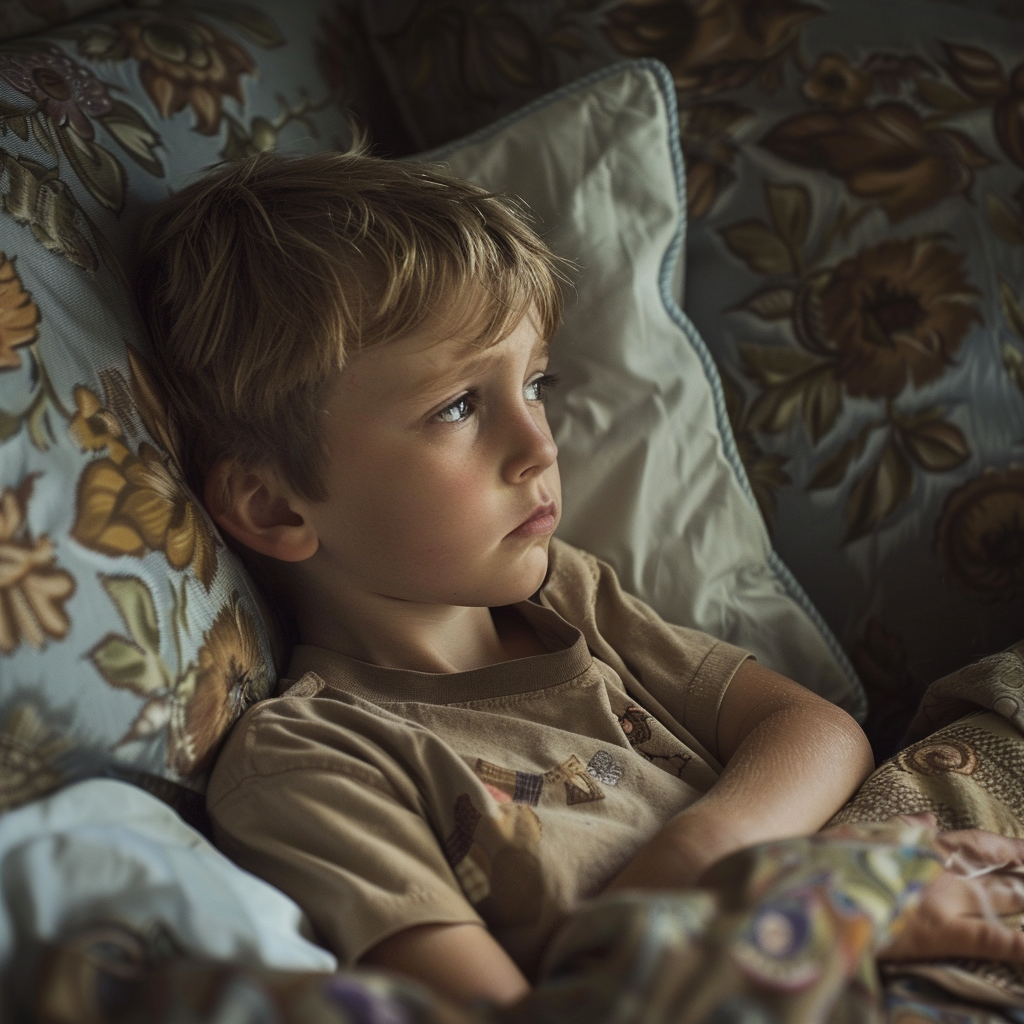 Un enfant triste dans son lit | Source : Midjourney