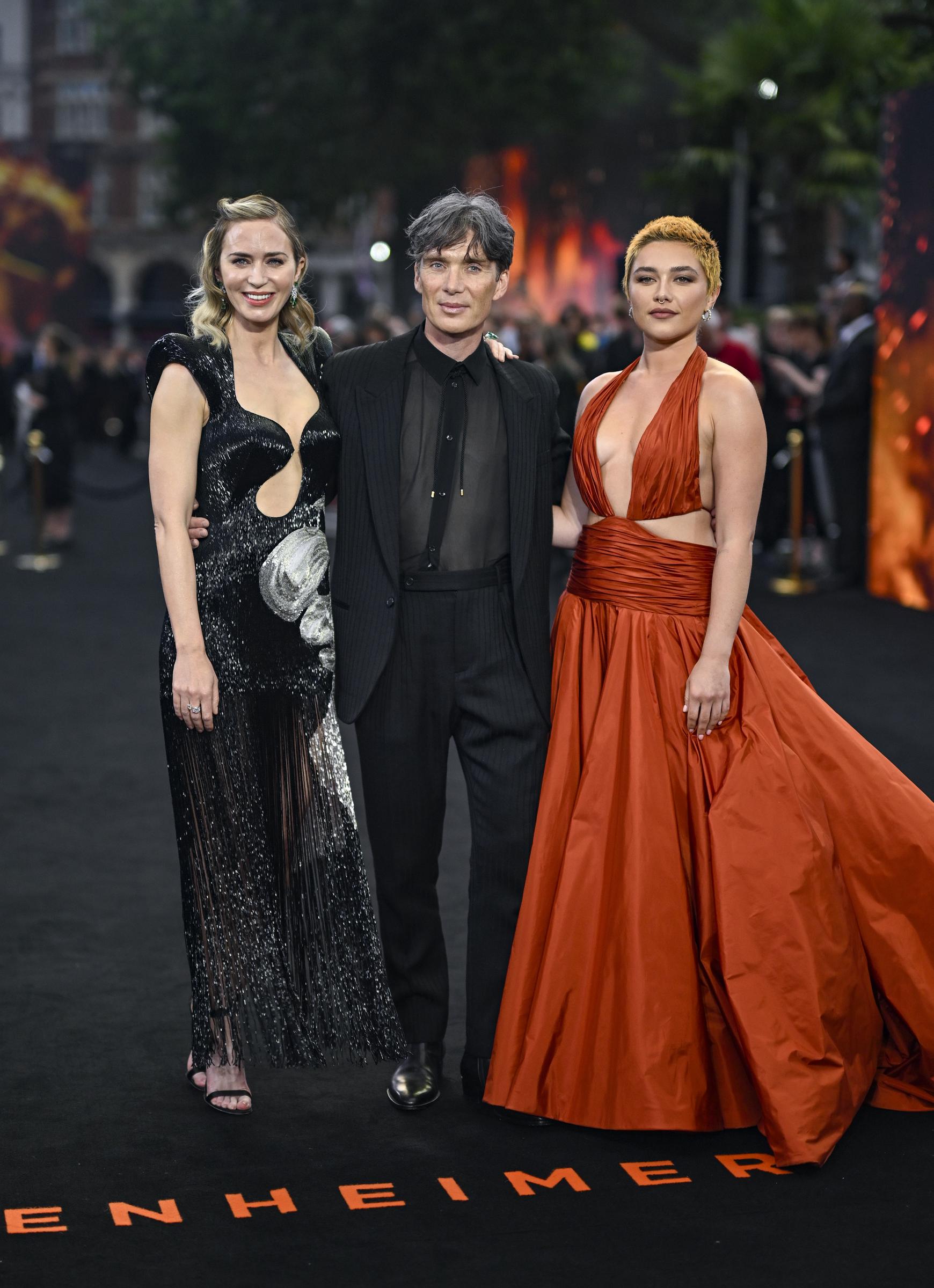 Emily Blunt, Cillian Murphy et Florence Pugh lors de la première britannique de "Oppenheimer", le 13 juillet 2023, à Londres, en Angleterre. | Source : Getty Images