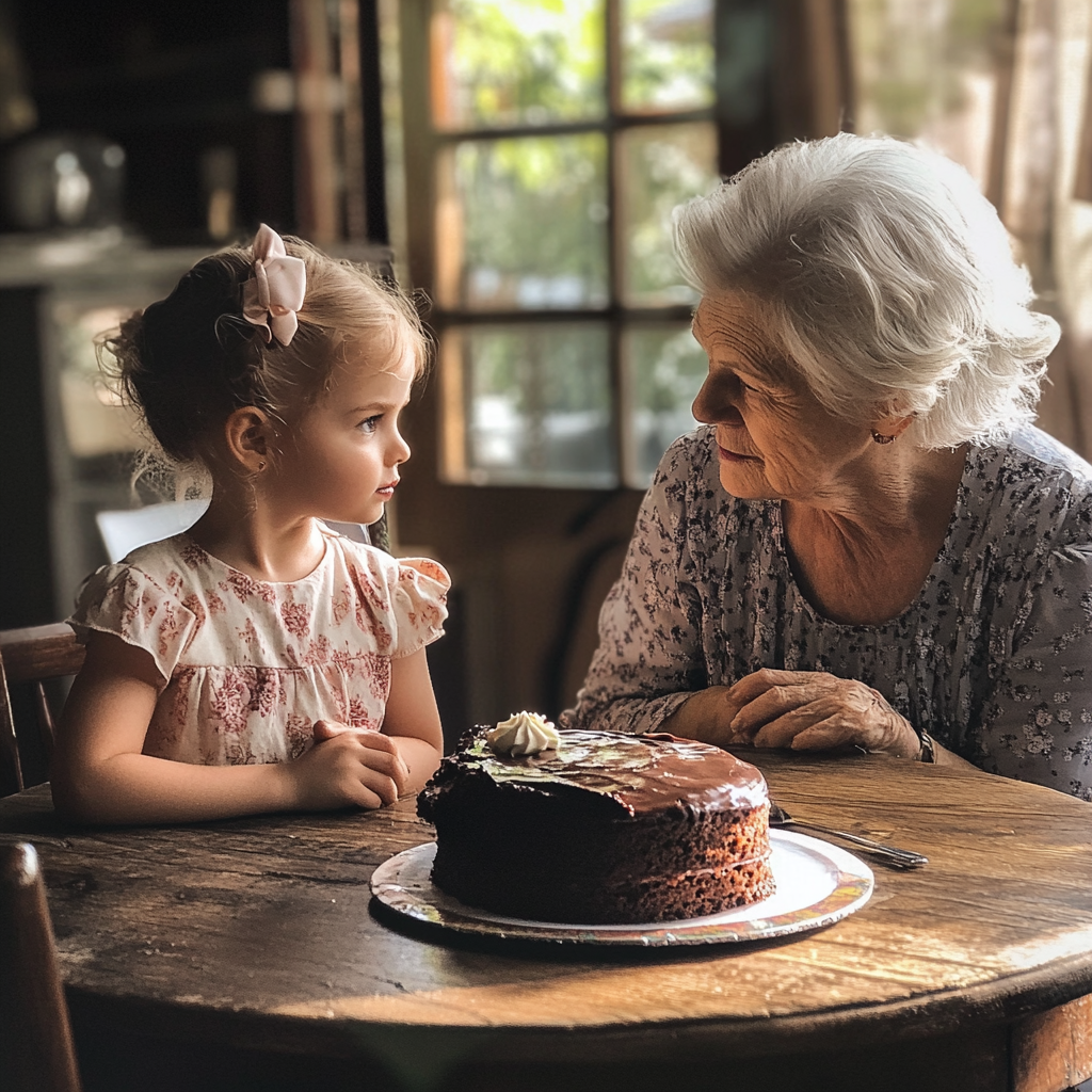 Une petite fille et une vieille femme assises à une table | Source : Midjourney