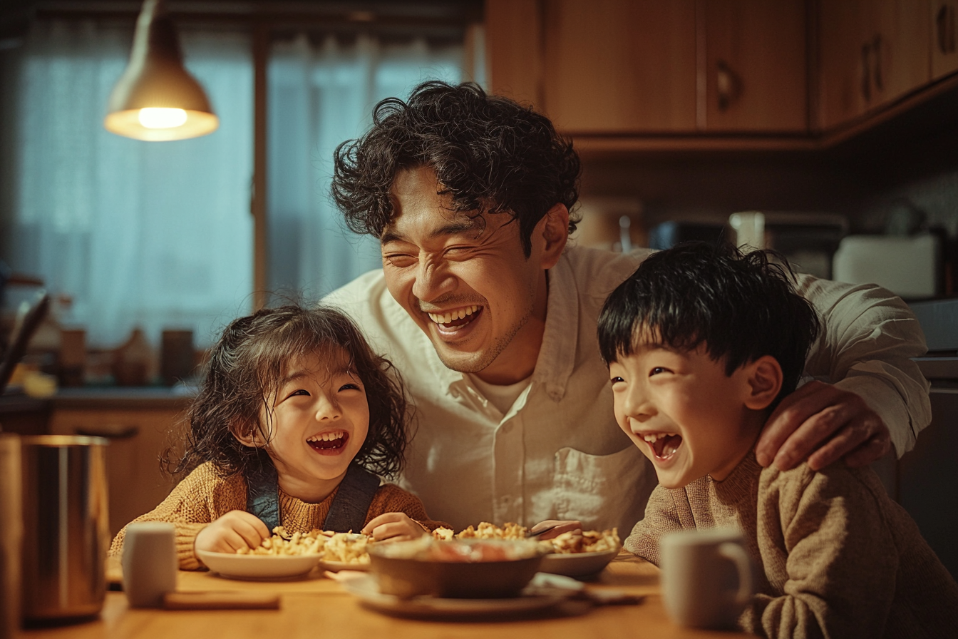 Un homme avec des jumeaux qui rient en dînant dans la cuisine | Source : Midjourney