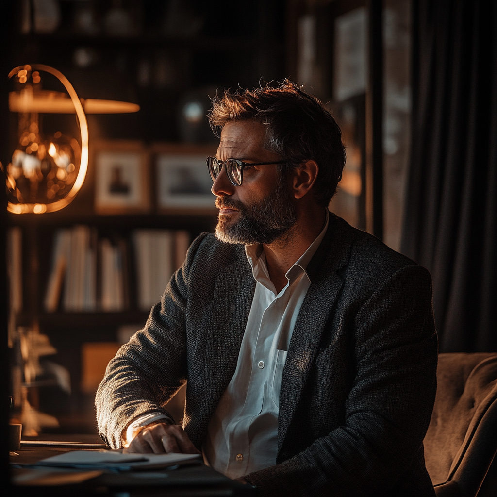 Homme assis dans son bureau la nuit | Source : Midjourney