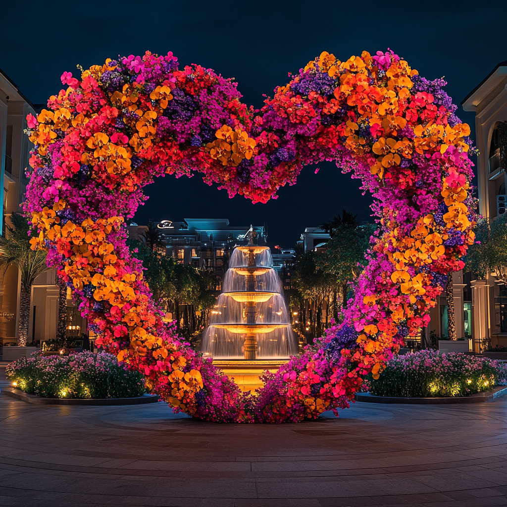 Vue étonnante d'une arche florale devant une fontaine | Source : Midjourney