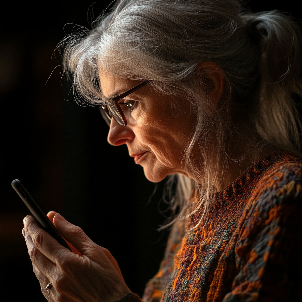 Une femme d'âge mûr qui complote quelque chose sur son téléphone | Source : Midjourney