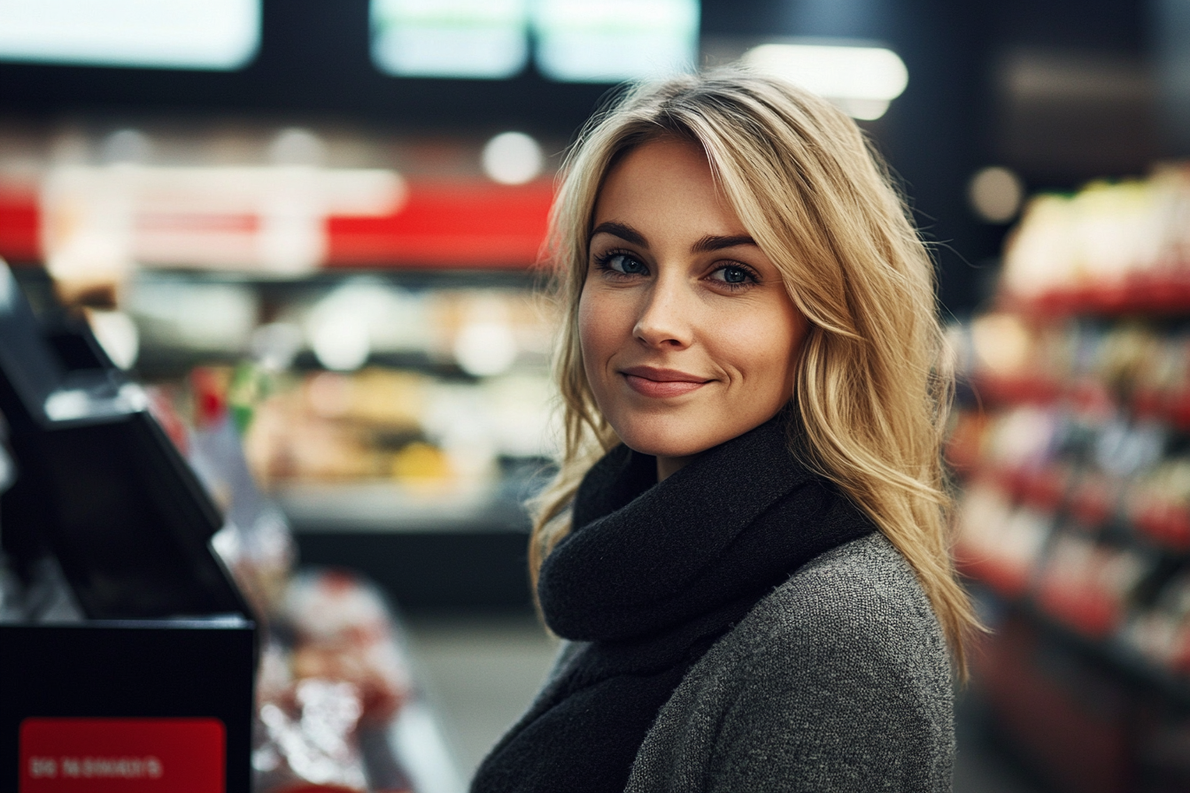 Une femme qui sourit dans une épicerie | Source : Midjourney