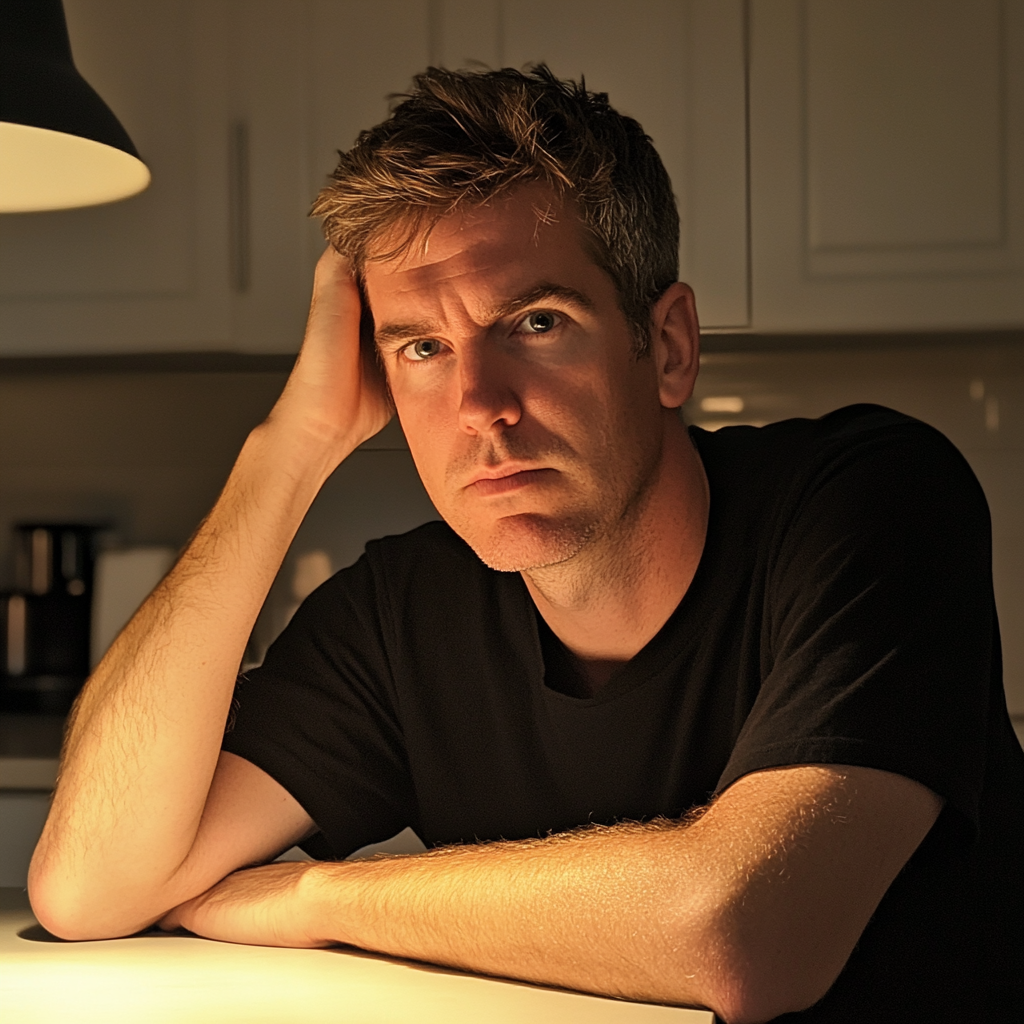Un homme assis à un comptoir de cuisine | Source : Midjourney