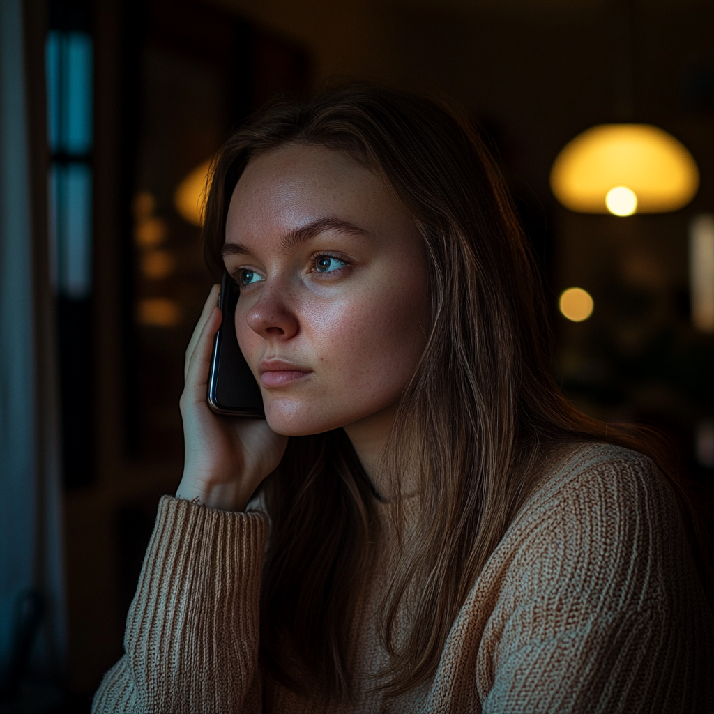 Woman feigns innocence while talking on the phone | Source: Midjourney