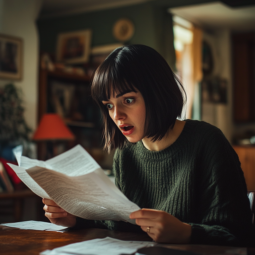 Une femme choquée qui regarde des papiers | Source : Midjourney