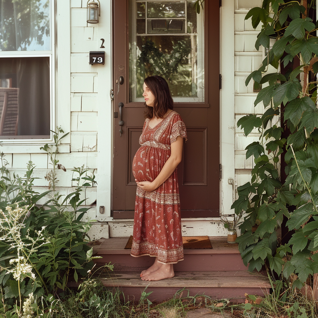 Une femme enceinte devant sa maison | Source : Midjourney