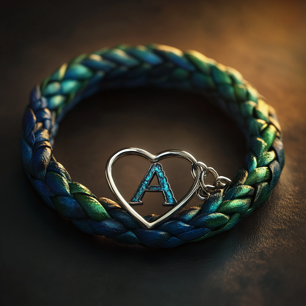 Un bracelet en cuir tressé bleu et vert portant une initiale dans un ornement en forme de cœur | Source : Midjourney