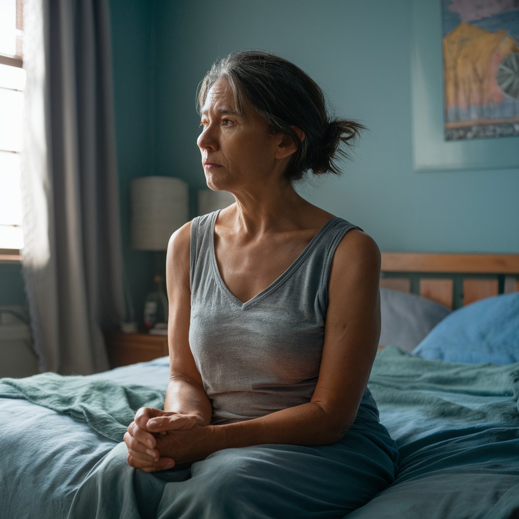 Une femme fatiguée assise dans son lit | Source : Midjourney