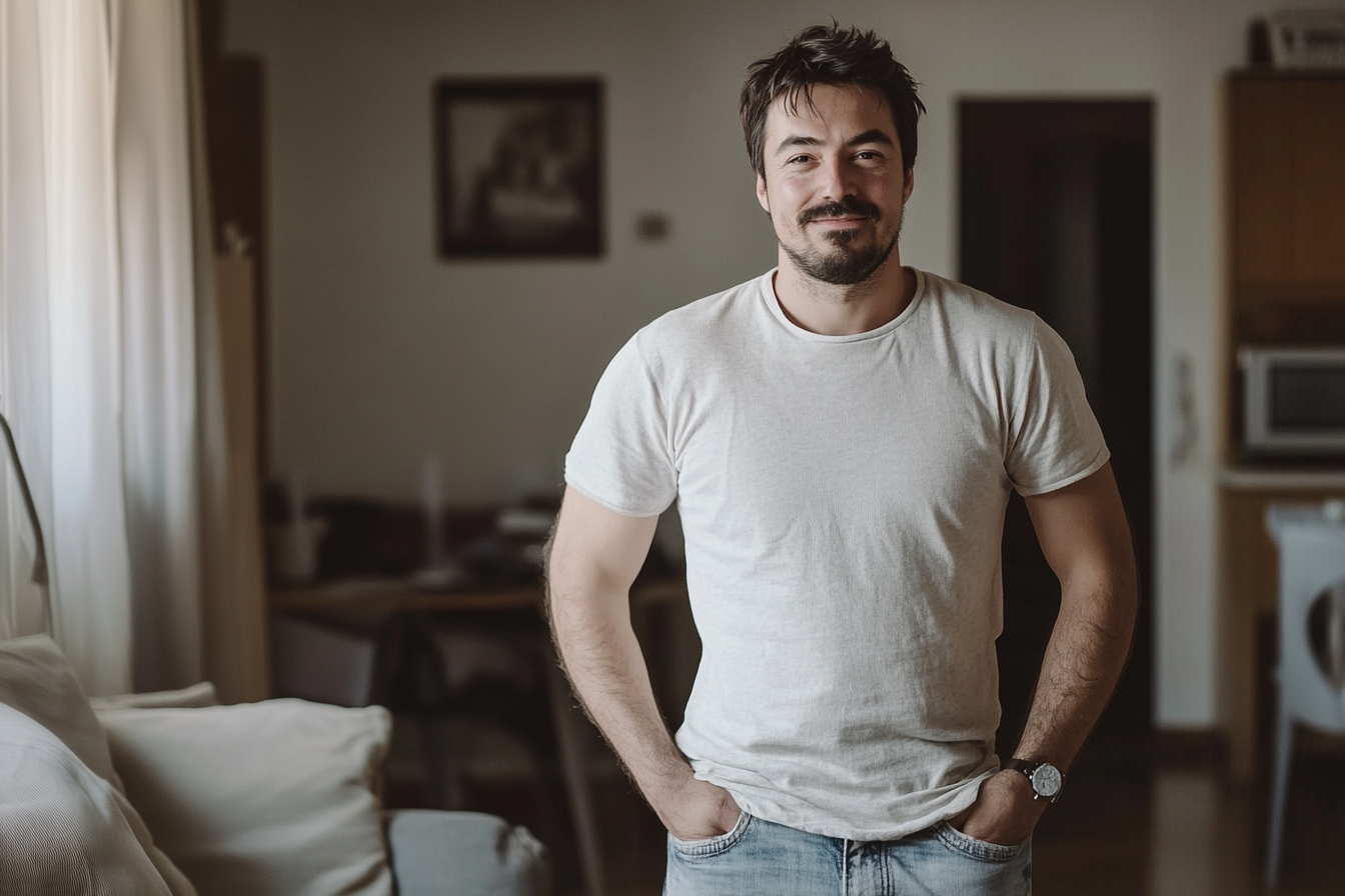 Un homme souriant dans un salon | Source : Midjourney