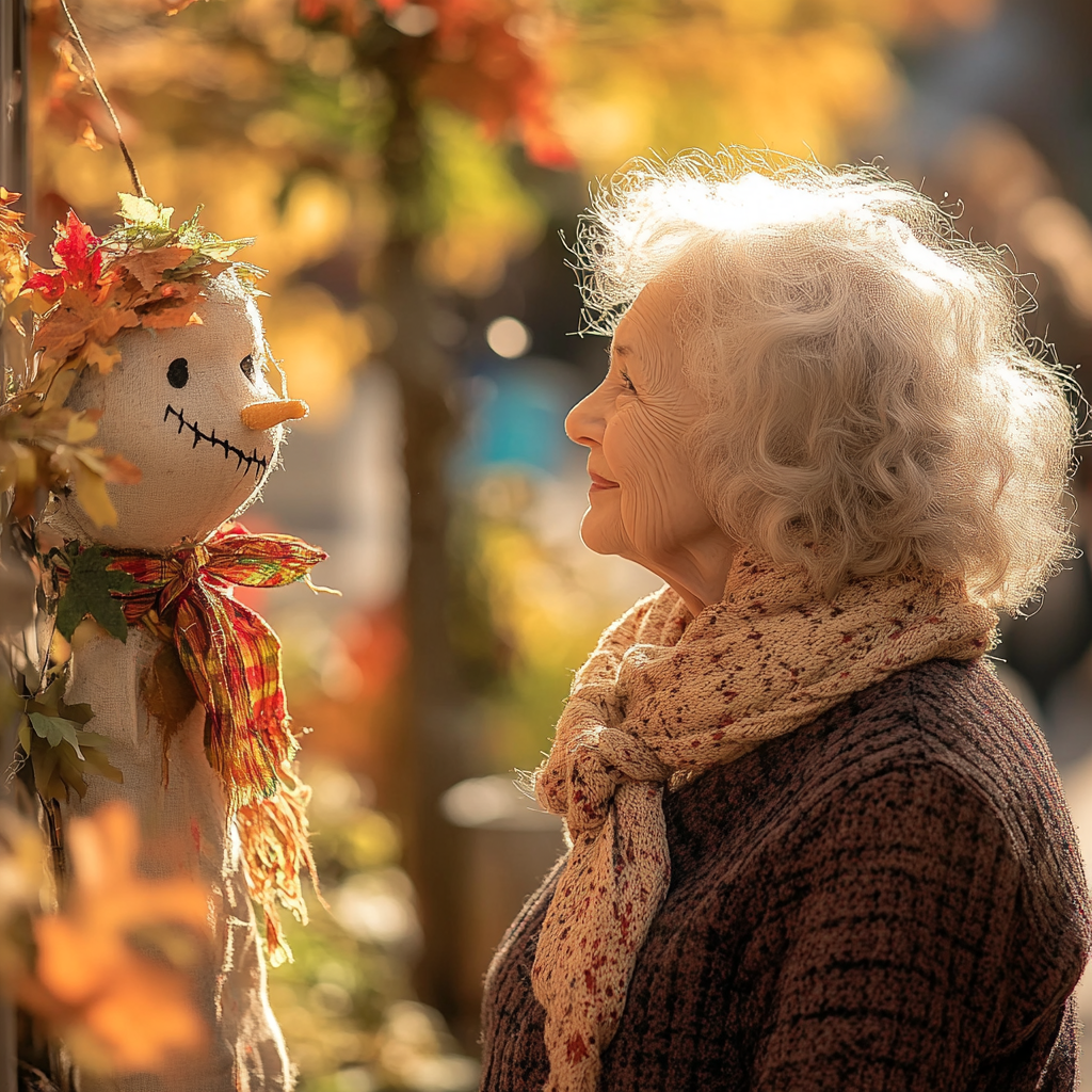 Une femme heureuse qui regarde un épouvantail | Source : Midjourney