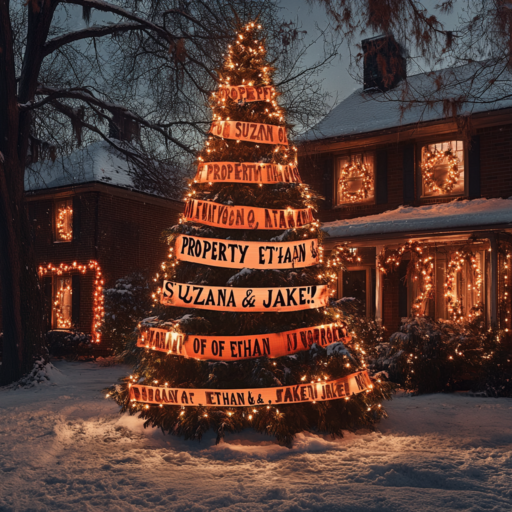 Un message sur du ruban adhésif enroulé autour d'un arbre de Noël | Source : Midjourney