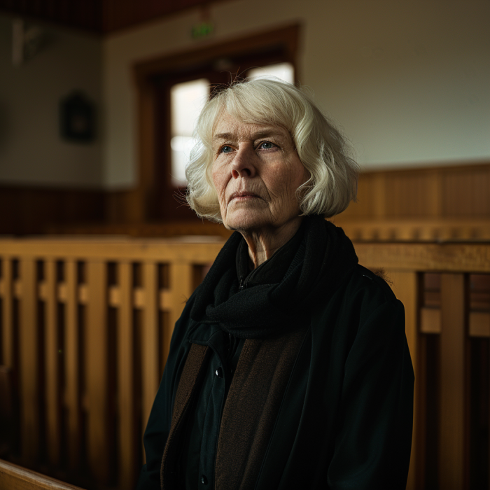 Une femme âgée assise dans une salle d'audience vide | Source : Midjourney