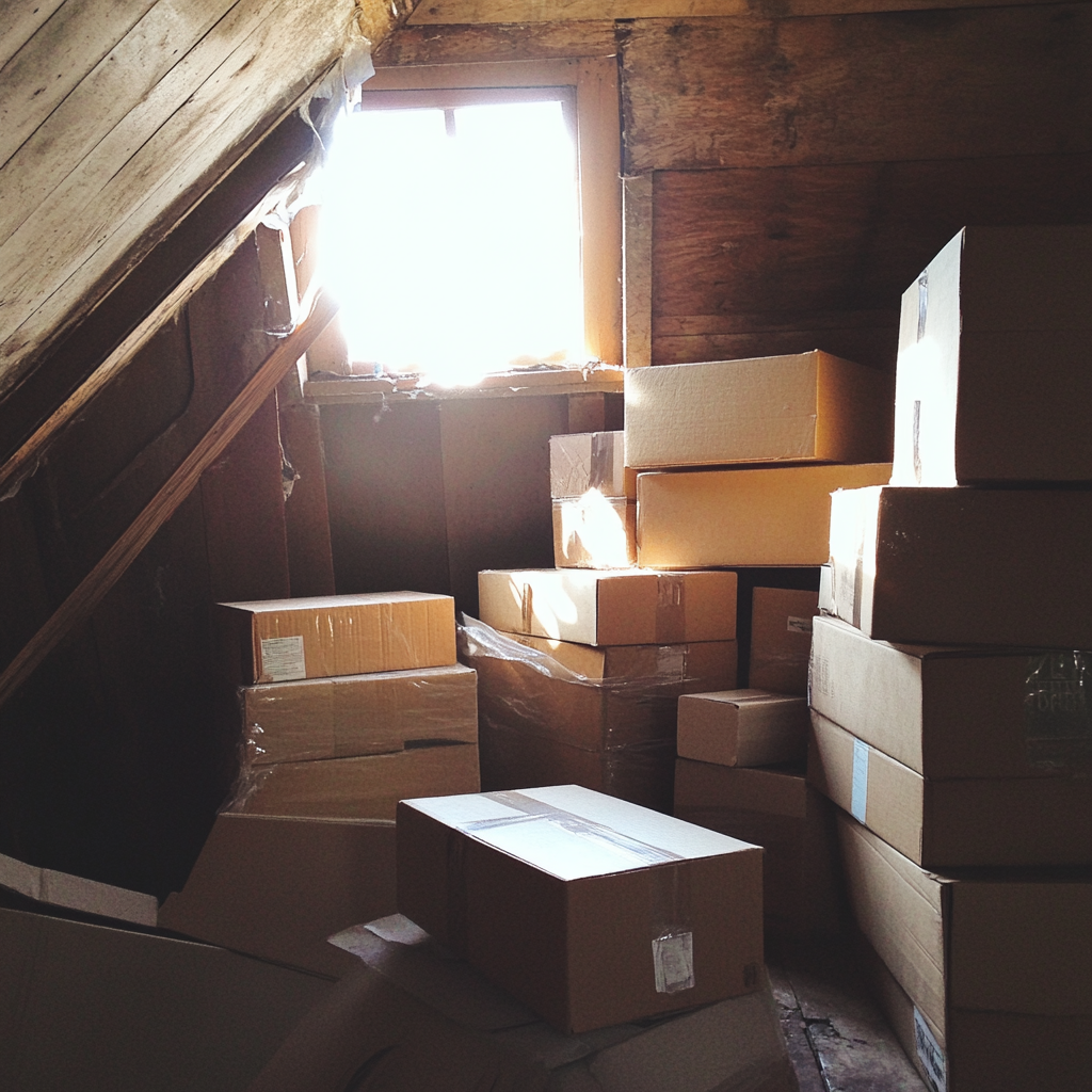 Boîtes en carton dans un grenier | Source : Midjourney