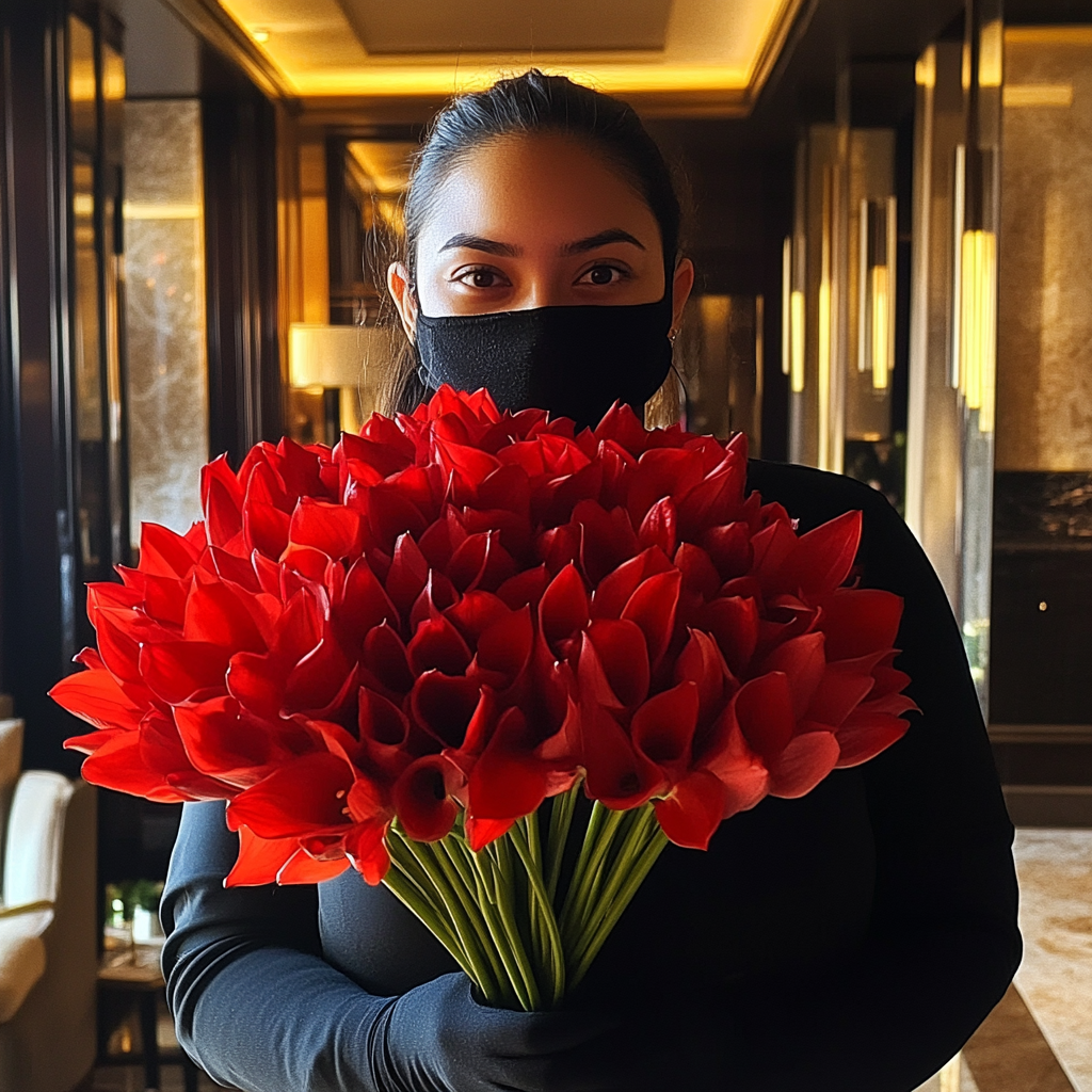 Le personnel de l'hôtel tenant un bouquet de fleurs | Source : Midjourney