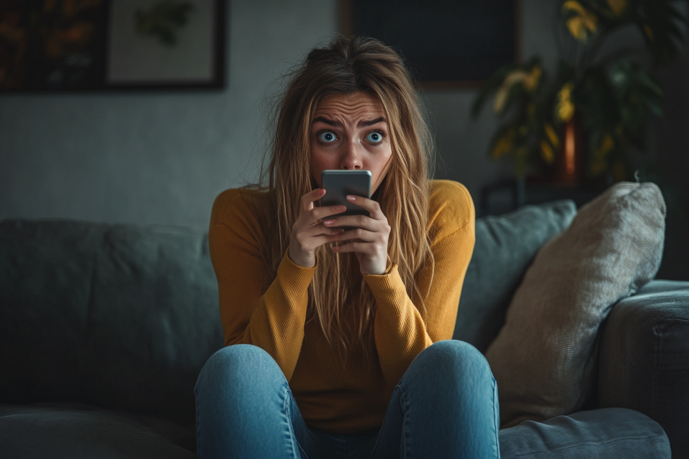 Une femme choquée qui fait défiler son téléphone | Source : Midjourney