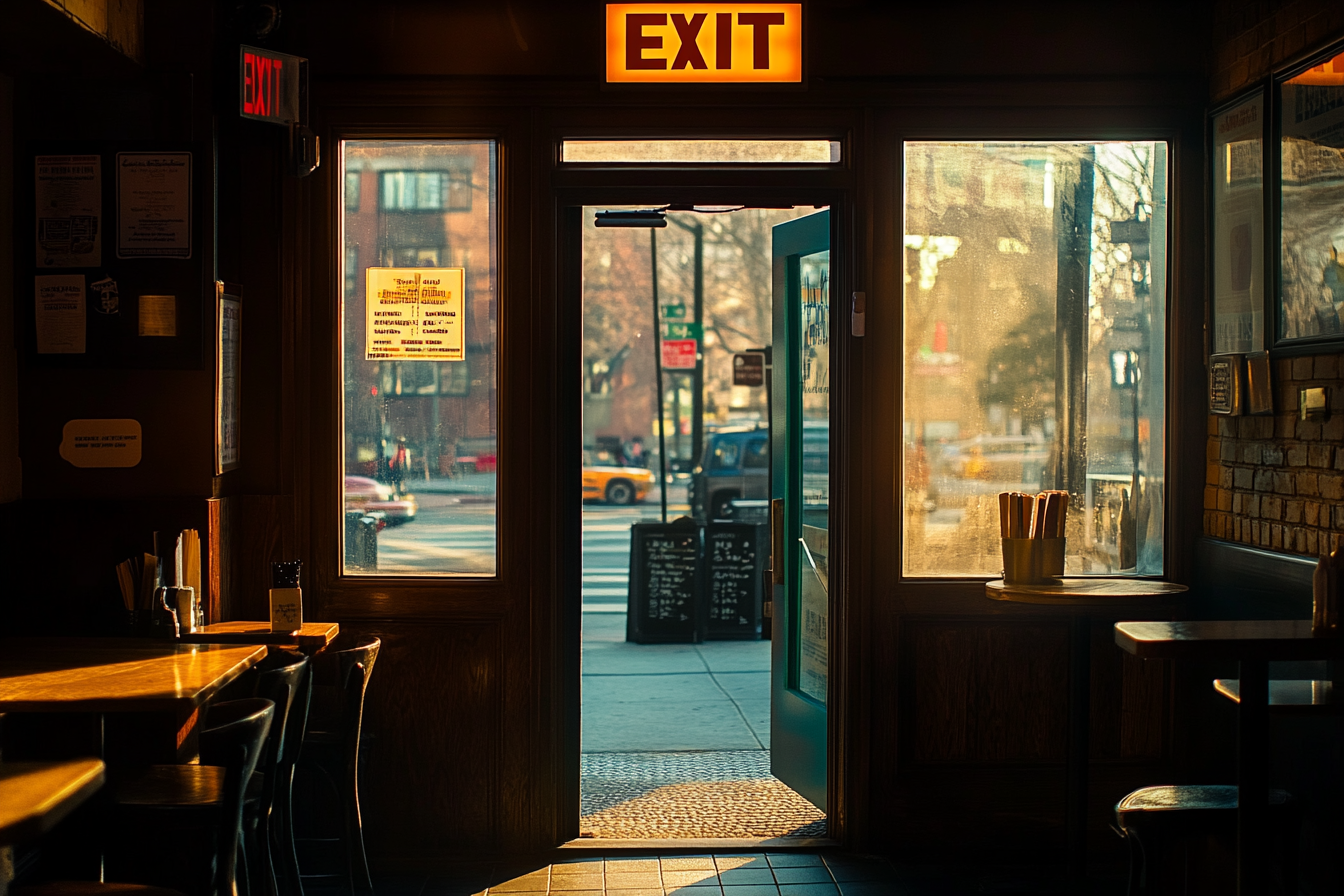 Une porte de café avec un panneau de sortie | Source : Midjourney