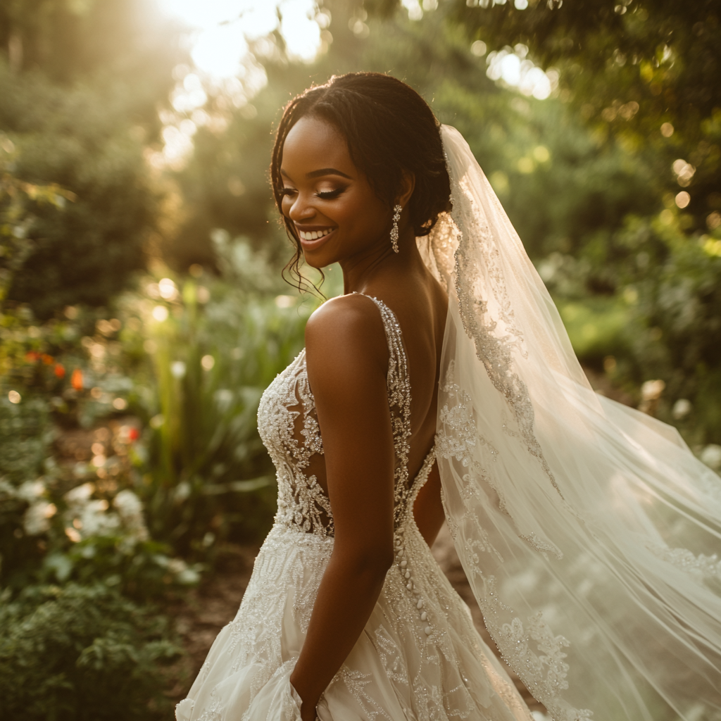 Une femme heureuse dans une robe de mariée | Source : Midjourney