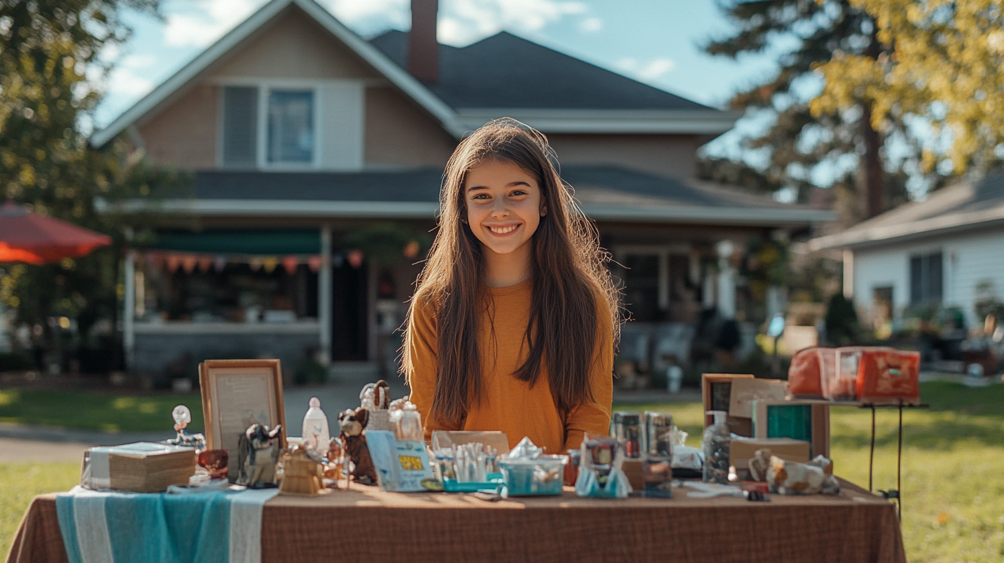 Une fille derrière une table remplie d'objets | Source : Midjourney