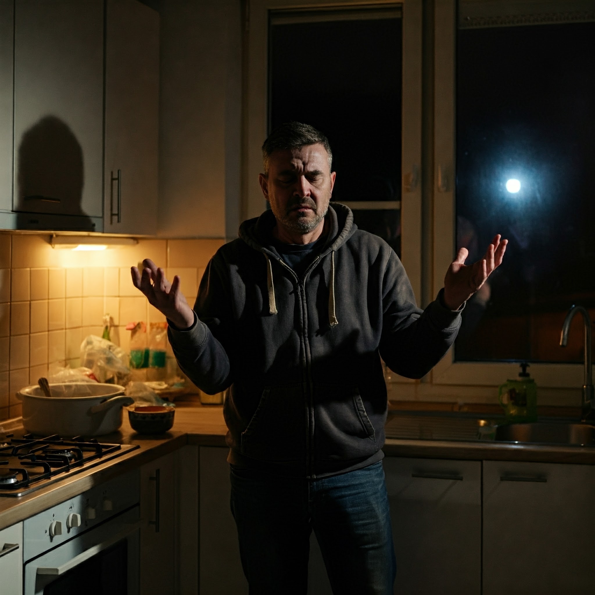 Un homme les mains en l'air dans une cuisine | Source : Gemini