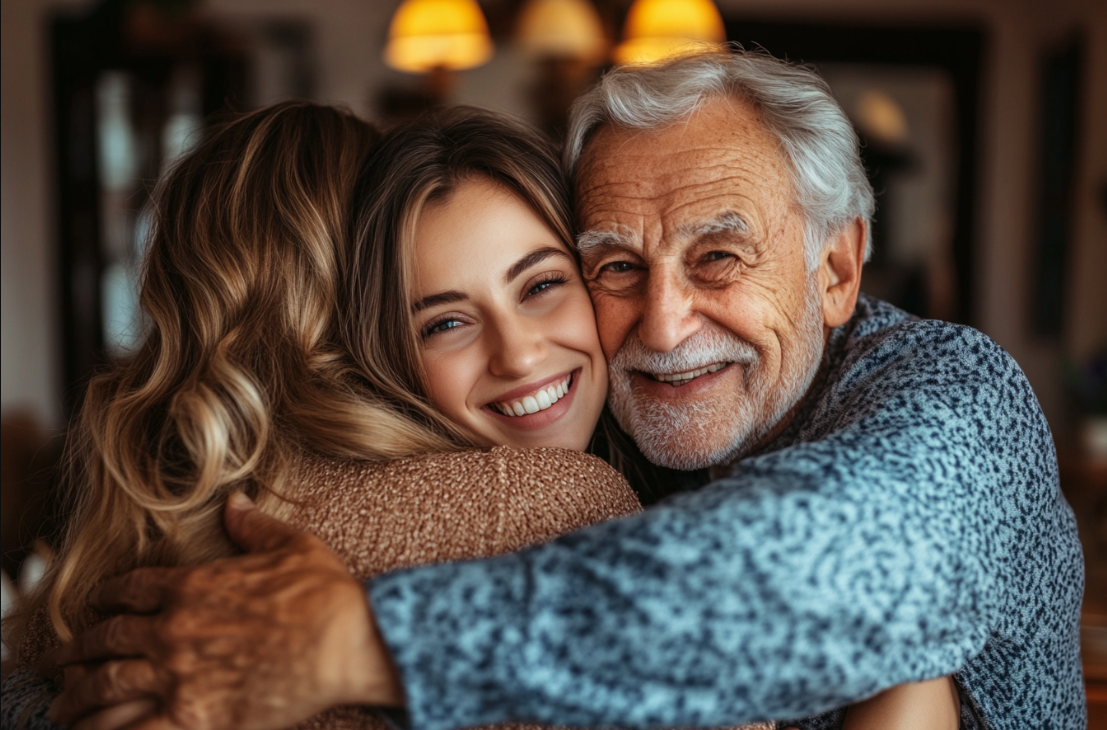 Une femme qui serre ses parents dans ses bras | Source : Midjourney