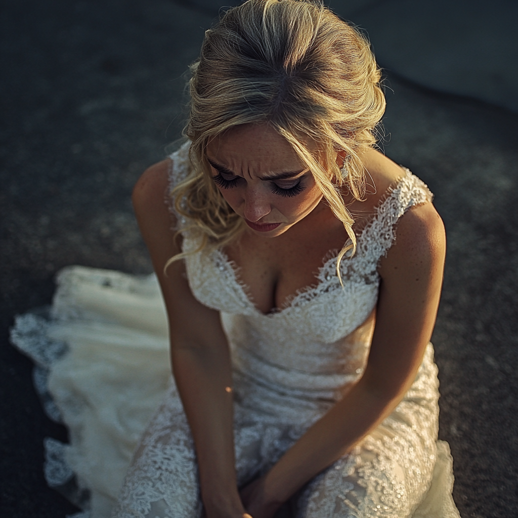 A bride sitting on a sidewalk | Source: Midjourney