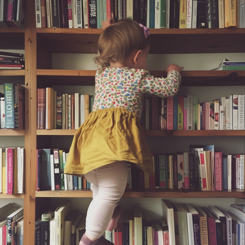 Une petite fille qui grimpe sur une étagère | Source : Midjourney