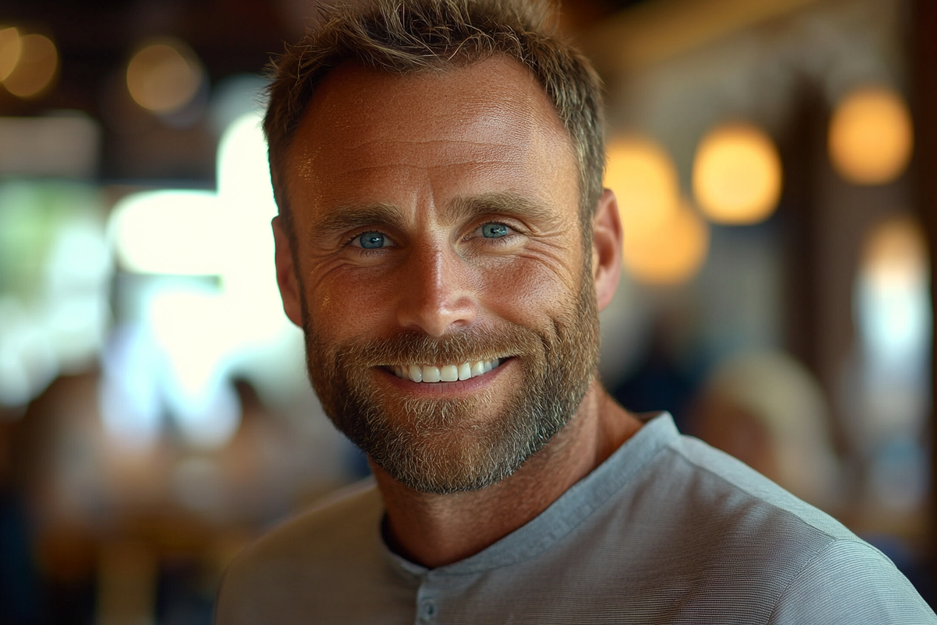 Un homme souriant dans un restaurant | Source : Midjourney