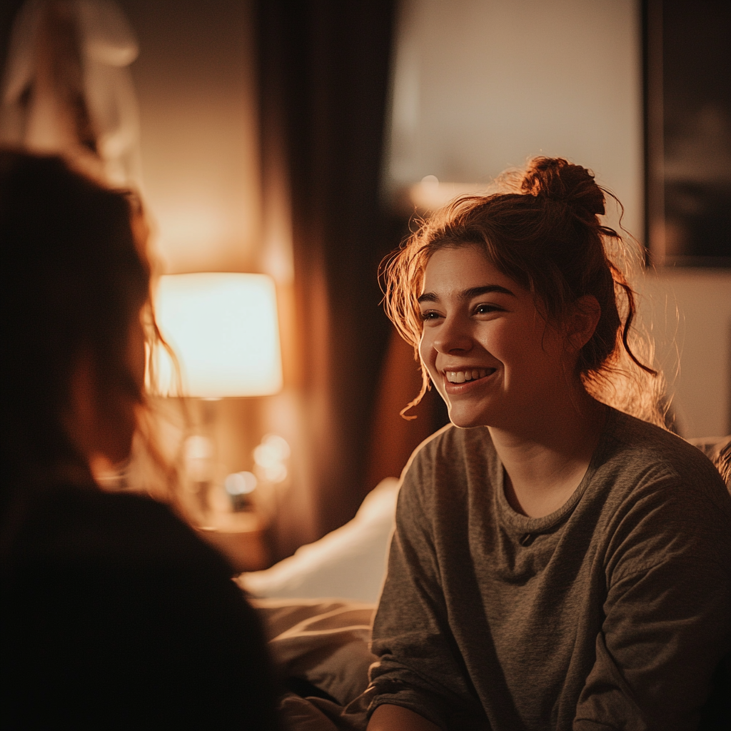 A smiling woman talking to her sister in her room | Source: Midjourney