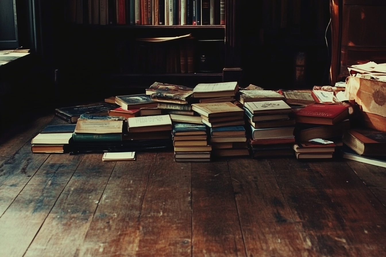 Une collection de livres sur un plancher en bois | Source : Midjourney