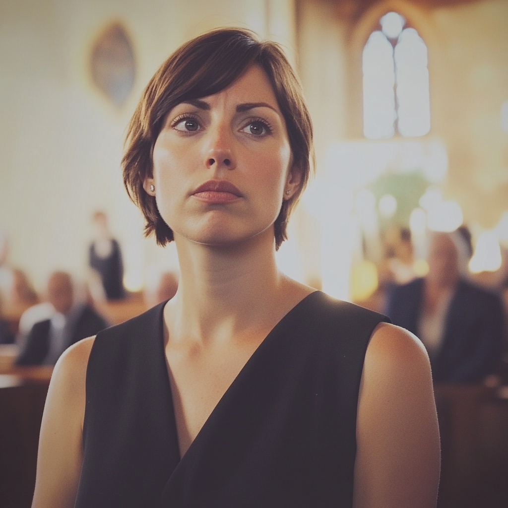 Une femme qui fronce les sourcils dans une église | Source : Midjourney